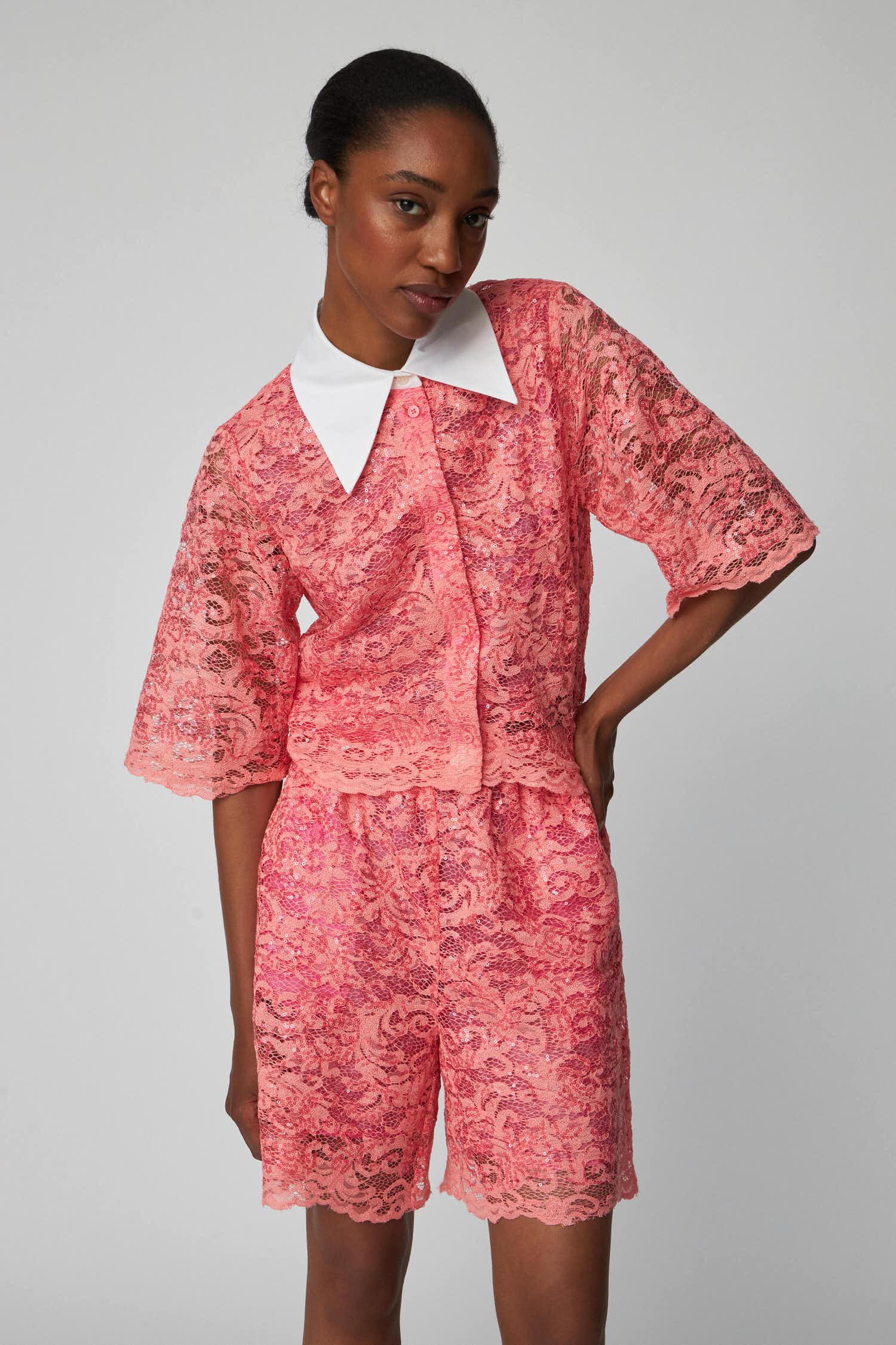 Sequined Lace Shirt - Amazing Pink