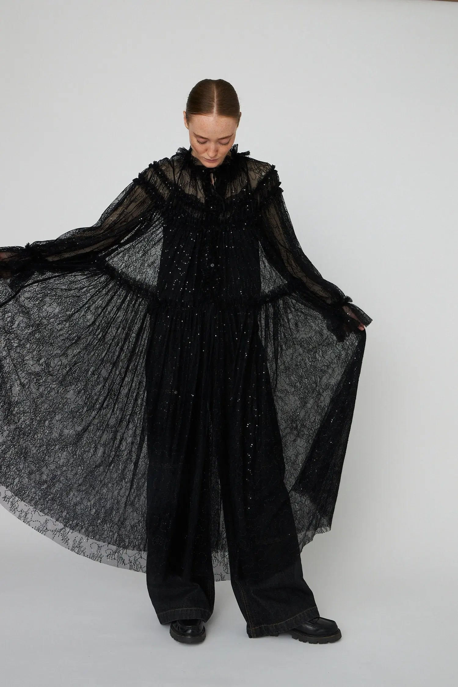 Stella Nova Sheer Lace Maxi Cape Dress Dress 999 Black
