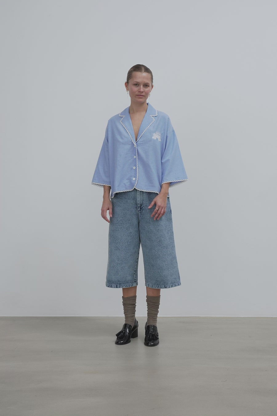 Stella Nova Chambray Blouse with Embroidered School Bus Blouse 291 Light Blue Melange